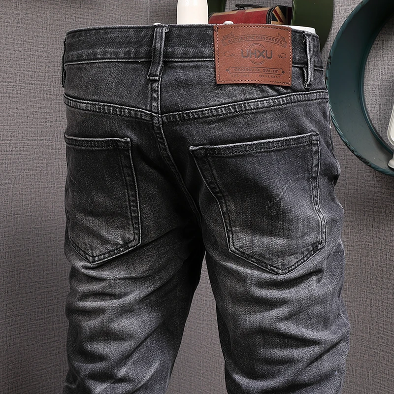 Italian Style Fashion Men Jeans High Quality Retro Black Gray Elastic Slim Ripped Jeans Men Vintage Designer Denim Pants Hombre