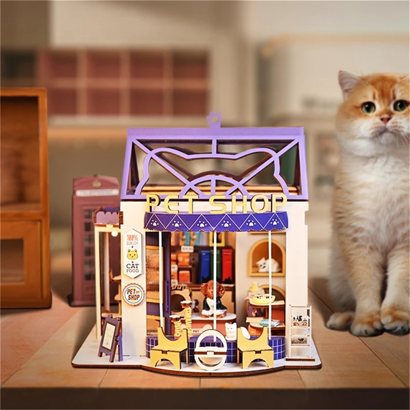 DIY Wooden Doll Houses Miniature Building Kits With Furniture Pet Shop Cottage Dollhouse with Light for Friends Birthday Gifts