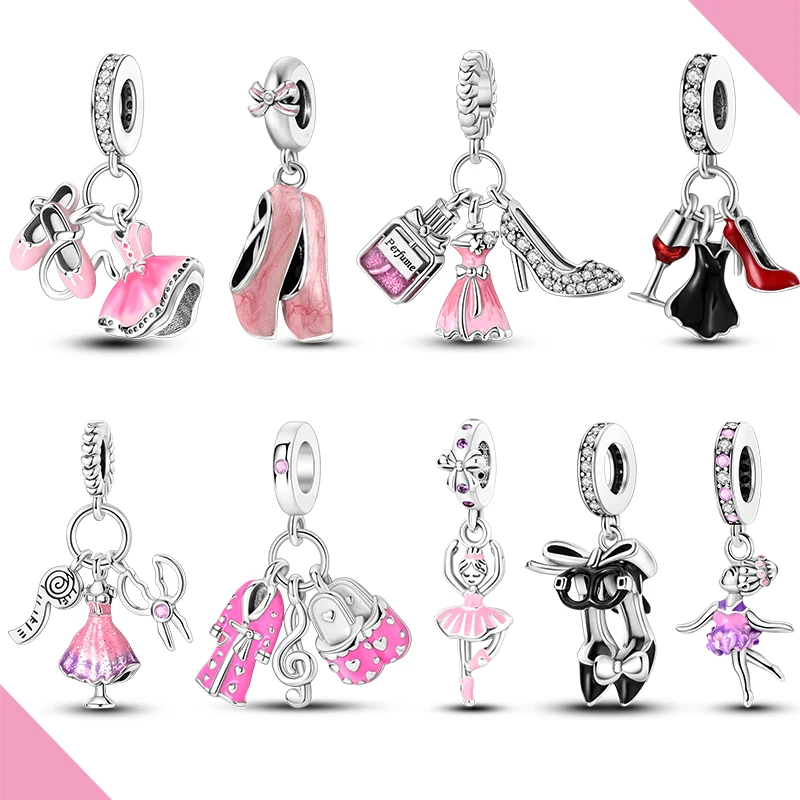 925 Silver Charms Skirt Ballet Shoes Pink Pendants Fit Original Bracelet Beads Diy For Woman Jewelry