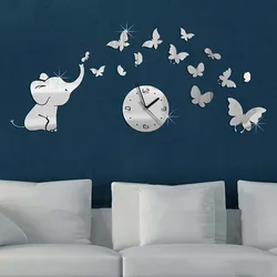 1Pcs Creative DIY Elephant Butterfly Mirror Wall Clock 3D Fashion Home Decoration Wall Sticker Clock Art Mute Wall Clock