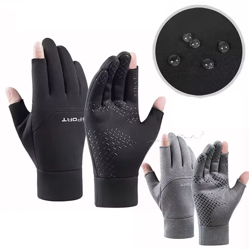 Winter Waterproof Fishing Men's Gloves Women's Cycling Warm Anti Slip Outdoor Sports Exposed Two Finger Touch Screen Gloves