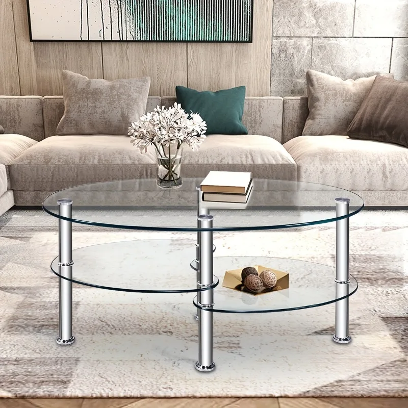 

1pc Chic Oval Tempered Glass Coffee Table with Chrome Base, Sleek Side Table with Shelf, Durable & Clear Finish for ModernLiving