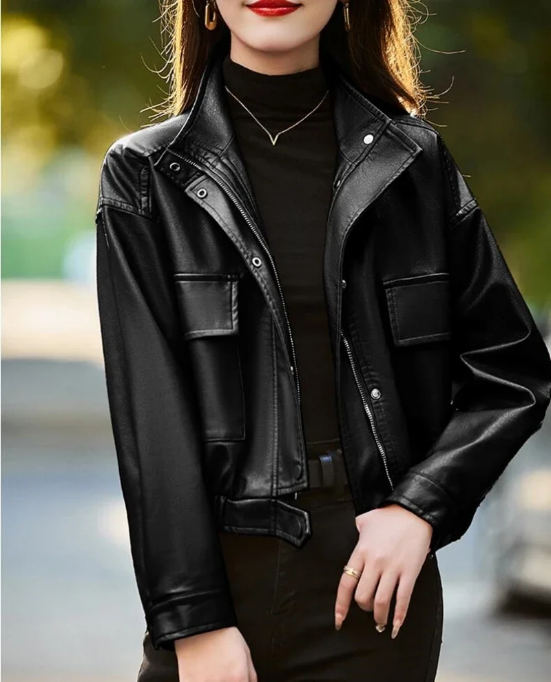 Blouson aviateur en cuir PU noir pour femme, manteau aviateur vintage, fermeture éclair, rue haute, vêtements d'extérieur pour femme, vestes de motard, mode, 2023