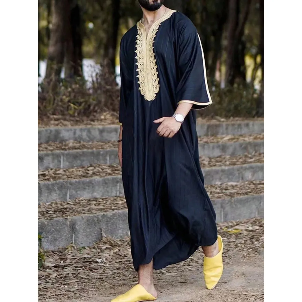 Islam Kaftan Męska Odzież Muzułmańska Marokański Kaftan Ręcznie Haftowany Luźny i Oddychający Djellaba Abaja Thobe dla Mężczyzn na Lato