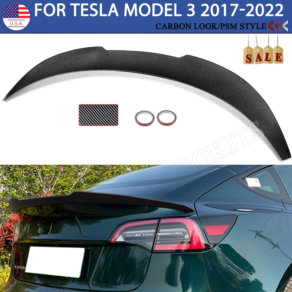 

For 17-22 Tesla Model 3 PSM Style Highkick Rear Trunk Spoiler Wing Carbon Fiber