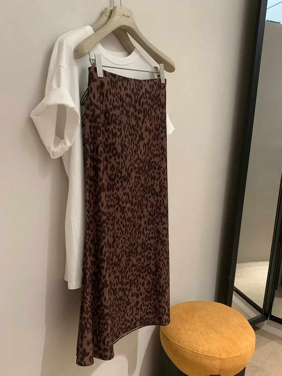 Vintage Leopard Draped Long Skirt Women Spring Summer High Waist Zipper A-line Fadas Bottom 2025 New Casual Fashion Midi Skirts