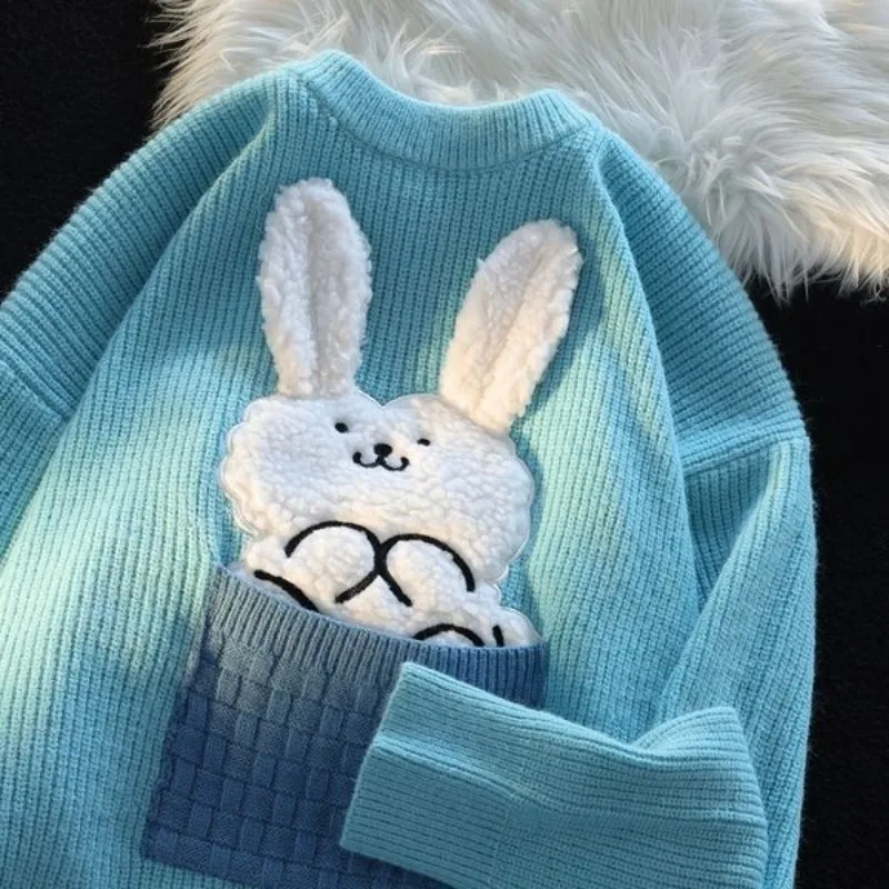 

DAYIFUN-Soft and Lazy Knitted Sweaters Female Kawaii Cartoon Rabbit Embroidery Jumpers Loose Pullovers Autumn Winter 2024 Tops