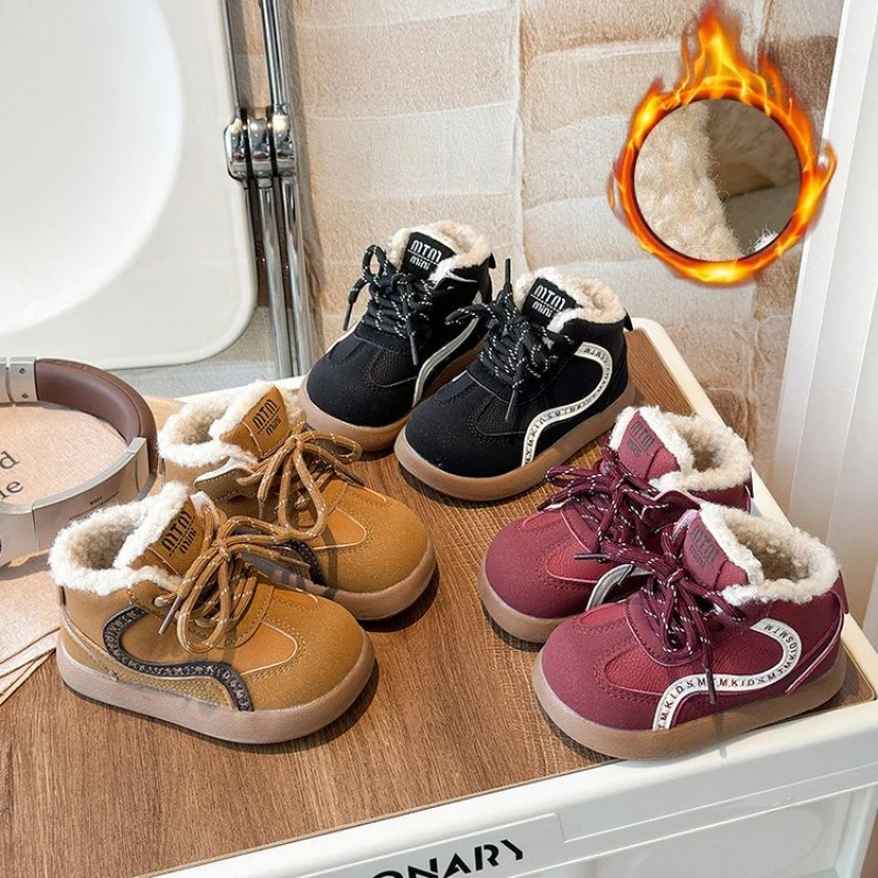 

2025 New PU Leather Children Fashion Boots Winter Zip Anti Slip Boys Girls Sneakers Design Soft Bottom Kids Ankle Shoes