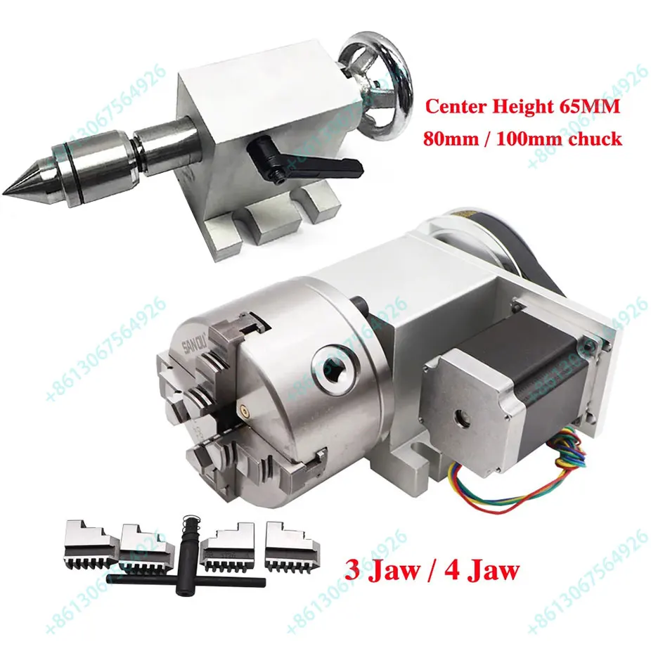 CNC Rotary Axis 4th Axis 3Jaw 4Jaw Chuck 80/100mm Center Height 65mm Activity Tailstock For CNC Router Engraver Milling Machine