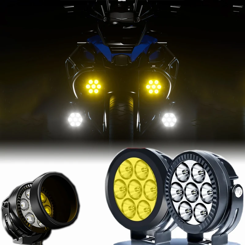 2 pcs Motorcycle Headlights White Yellow Super Bright 7 LED Working Front Light Motorbike Fog Lamp Scooters Waterproof Spotlight