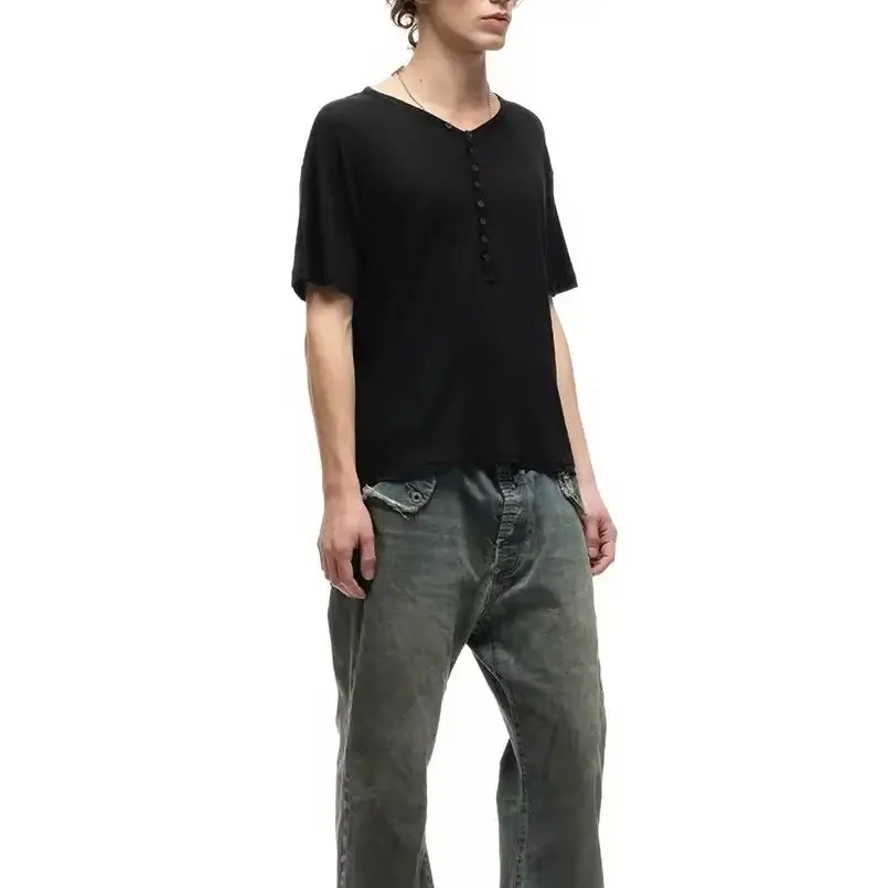No faith studios Henry Collar Button Base Short Sleeve, Edged Bamboo Textured Snow T-Shirt
