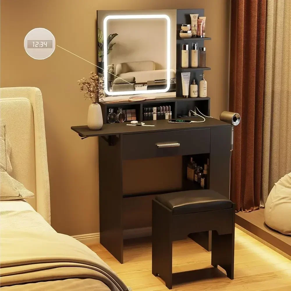 Compact Mirrored Vanity Desk with Lighting and Storage, Desk with Charging Station and Clock, Vanity Set with Chair for Bedroom