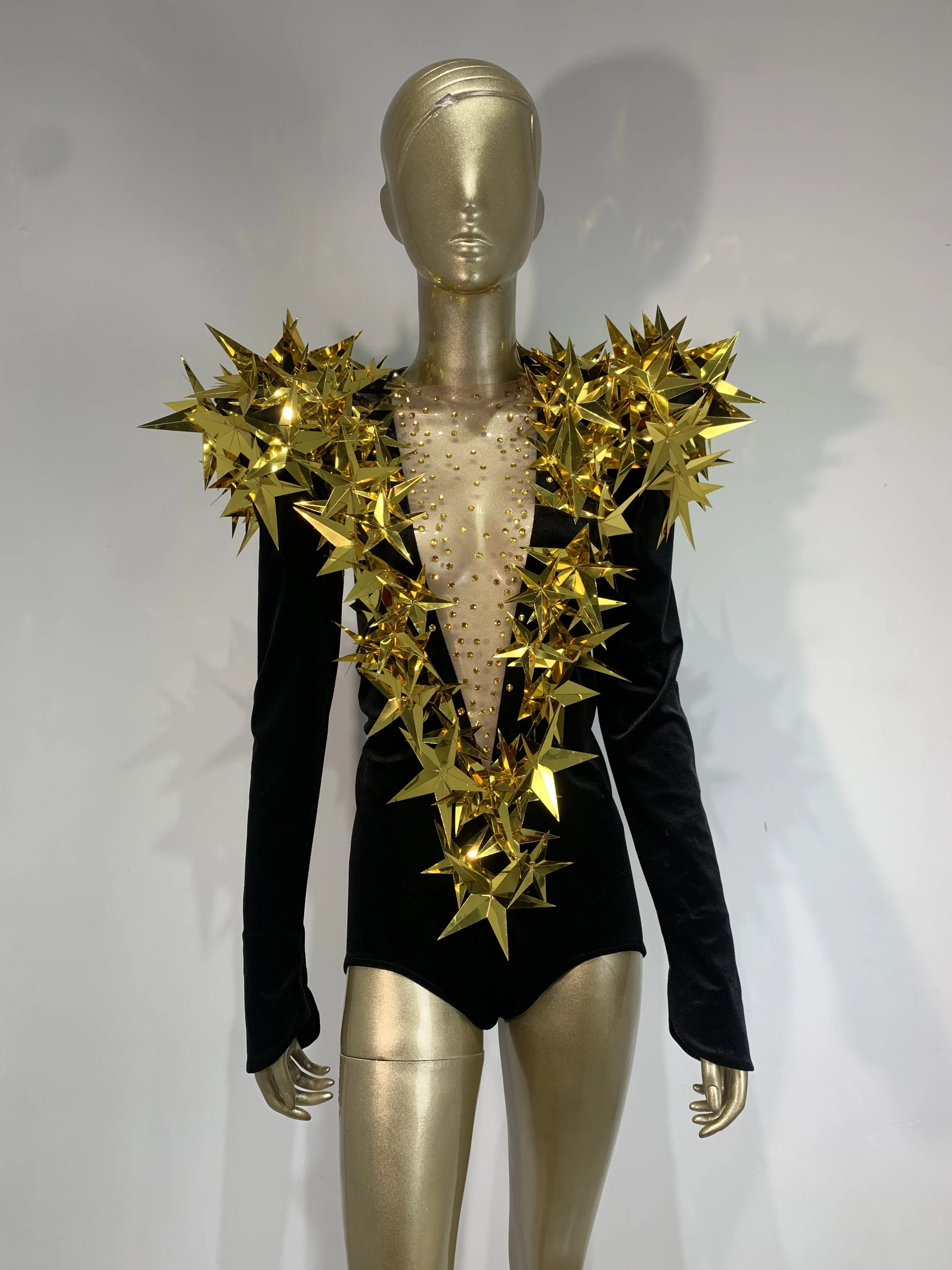 STOCK Women Sexy Gold Sequin Diamond Velvet Long Sleeves Bodysuit Evening Party Costume Singer Stage Perform Nightclub Outfit