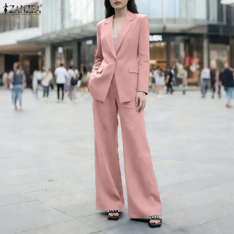

Модный женский костюм ZANZEA: пиджак и брюки с широкими штанинами, весенние комплекты 2026, топы с длинным рукавом, однотонные брюки, деловой костюм OL, комплект из 2 предметов