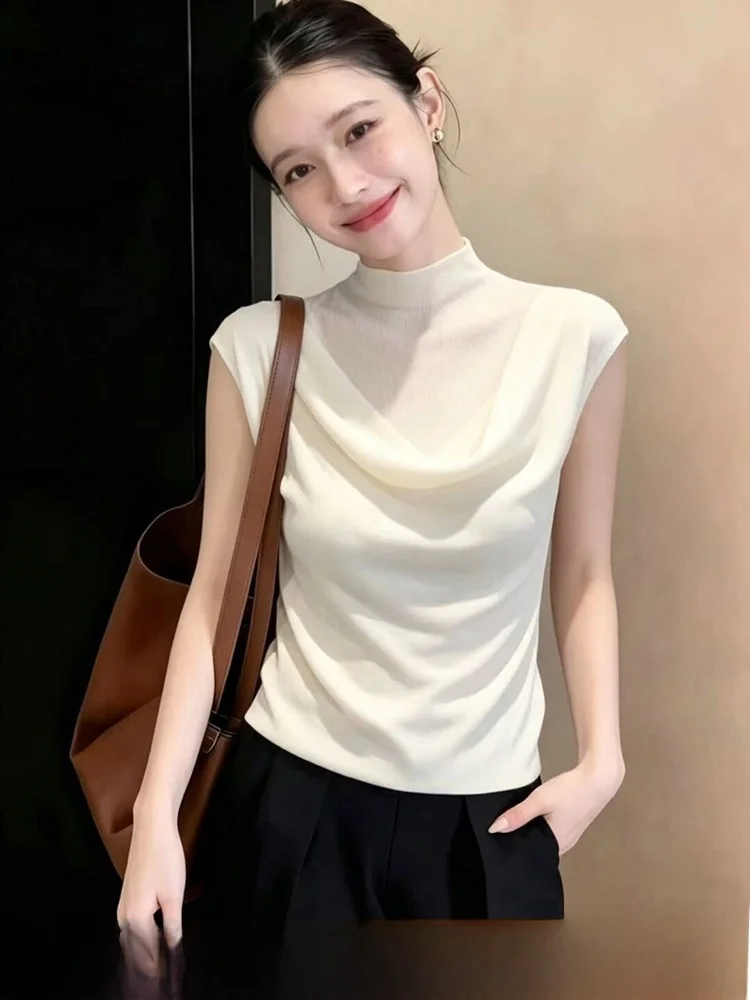 White Half High Collar Sleeveless Knitted Vest Women's Summer Thin Lightweight Simple Style Slimming Versatile Top