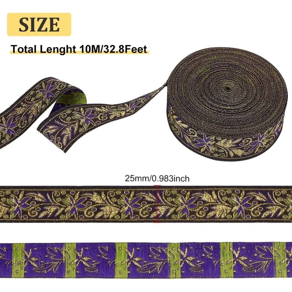 10.9 Yards 25mm Goldenrod Vintage Jacquard Ribbon, Boho Braid Embroidered Trim for Clothing, Bag, Headbands, Pillowcases