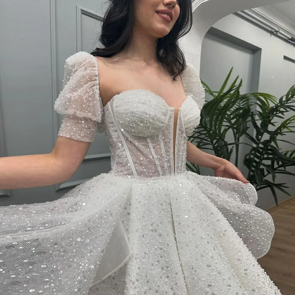 Vestido de noche brillante de Eightale, vestidos de fiesta de lentejuelas blancas de manga corta, vestidos de fiesta de boda cortos personalizados de corte A