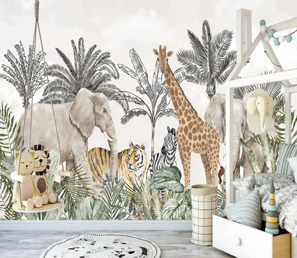 Customized Size Mural Tropical Rainforest Plant Leaf Wallpaper Elephant Giraffe Monkey Tiger Lion Zebra Animal 3D Wallpaper