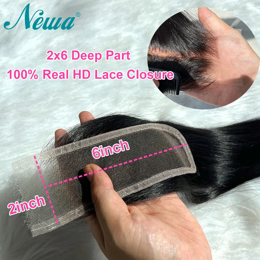Invisible HD Lace 2x6 Deep Part Human Hair Closures Pre Plucked Brazilian Raw Hair Bleached Knots 2X6 HD Lace Closure Skin Melt