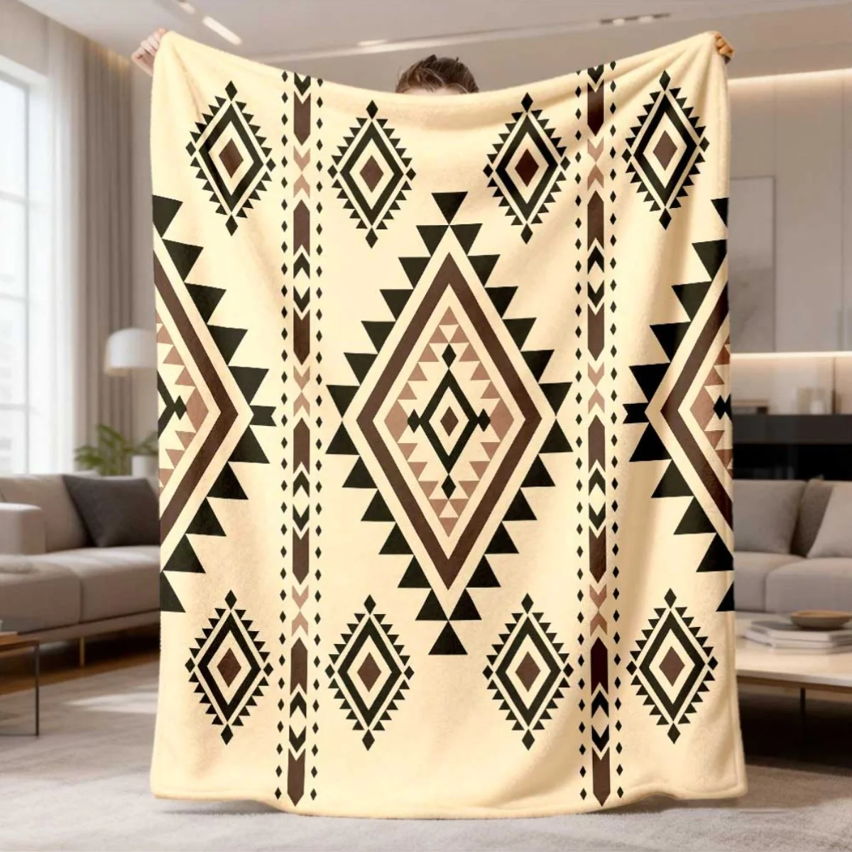 Western Aztec Geometric Diamond Triangle Print Flannel Throw Blanket Soft Warm Cover for Sofa Bed Boho Southwest Home Decor