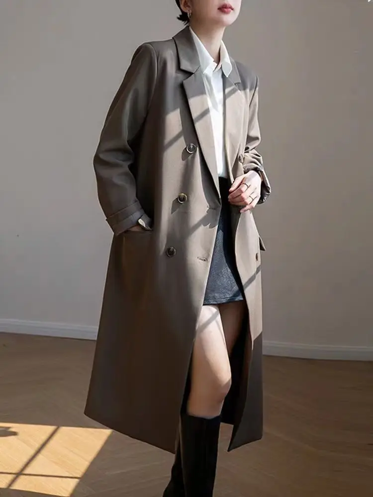 Casual Double Breasted Long Blazer Trench Coat Korean Fashion Turn-down Collar Windbreaker Jacket Vintage Office Lady Outwear