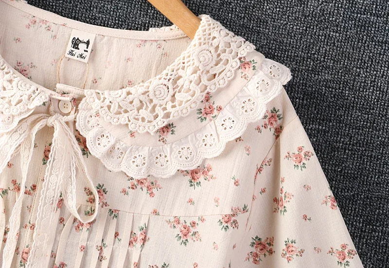 Summer New Sweet Mori Style Hollow Hem Floral Print Shirt Women Short Sleeve Single Breasted Embroidered Cotton Tops