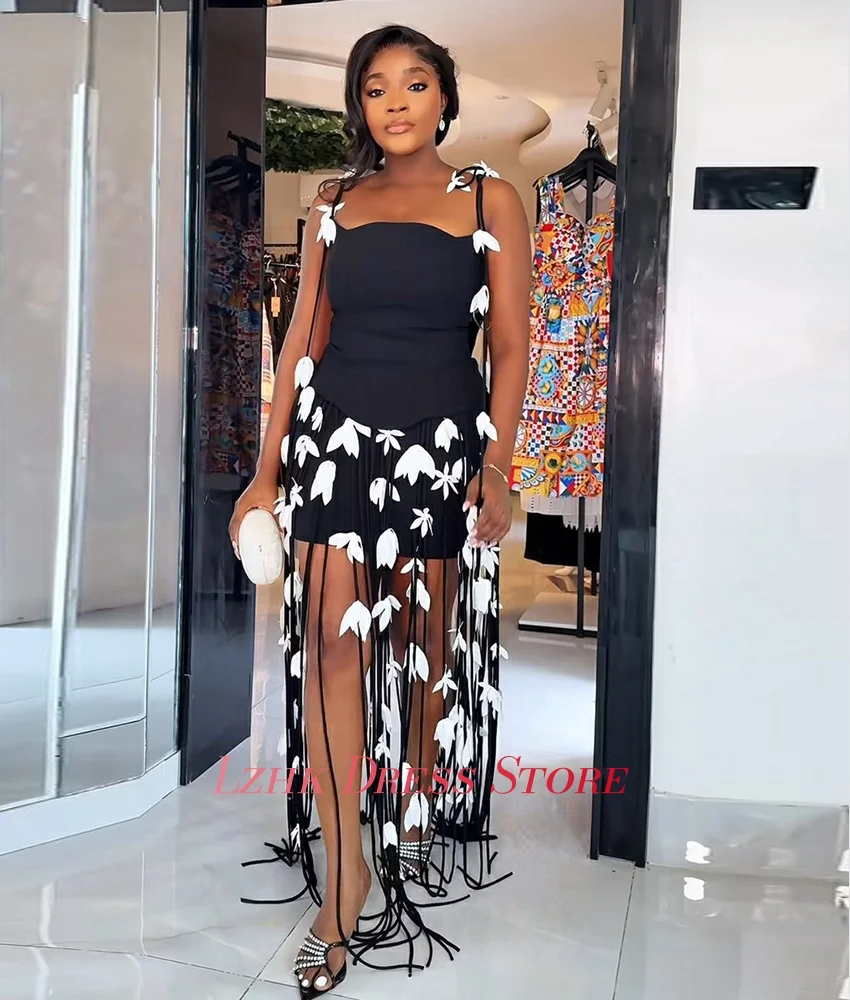 تخصيص مثير جيرسي مستقيم شرابة 3D الزهور الديكور مساء اللباس حساسة أكمام حمالة الطابق طول حزب العباءات