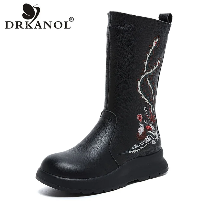 DRKANOL National Style Women Mid Calf Snow Boots Winter Warm Thick Bottom Platform Wedges Heel Zipper Embroidery Cotton Boots