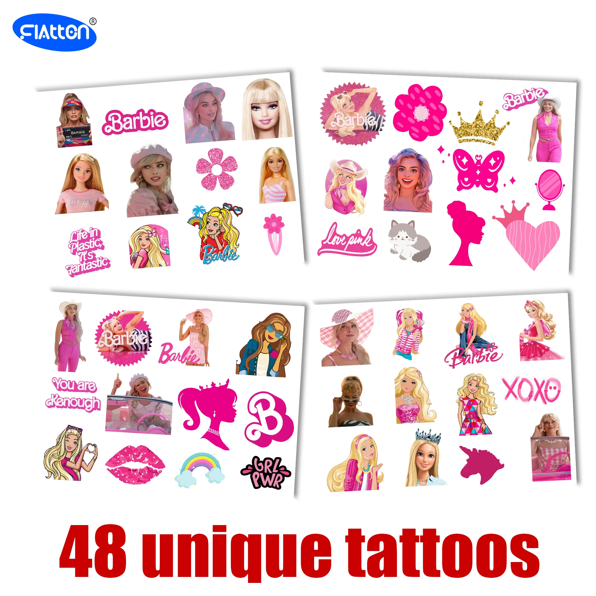 สติกเกอร์รอยสักบาร์บี้สำหรับเด็กและผู้ใหญ่ศิลปะบนเรือนร่างการ์ตูนปลอมสักชั่วคราวของเล่นแต่งหน้าของขวัญตกแต่ง4แผ่น
