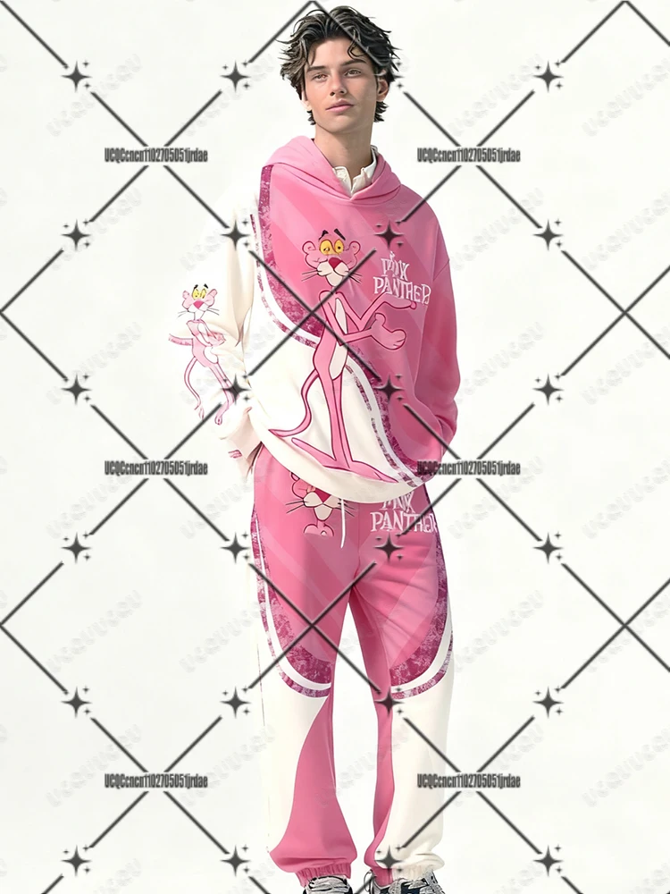 

Толстовки с принтом розовой пантеры + длинные брюки, осенне-зимние мужские спортивные костюмы, уличная одежда, повседневные костюмы, мужская одежда больших размеров