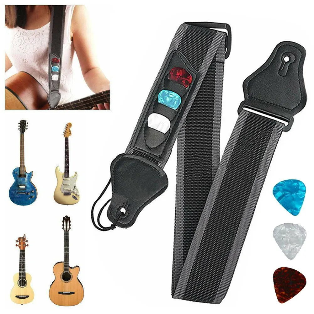 

87-140cm Adjustable Guitar Strap Belt With 3 Picks Pocket Nylon Strap For Acoustic Electric Bass Music Instruments Accessories