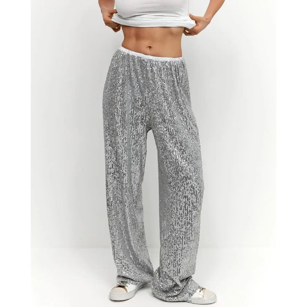 Elegant Silk Sequins Women Pants 2023 Midi Waist Loose Long Pants Streetwear Classic Trousers Fashion Female Clothing