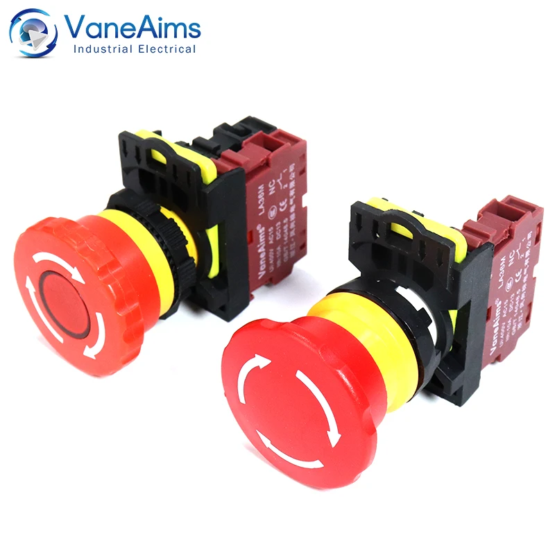 LA36M Przycisk zatrzymania awaryjnego 22 mm E-Stop Plastikowe przełączniki grzybkowe Włączanie i wyłączanie z czerwoną diodą LED 220 V 12 V 24 V