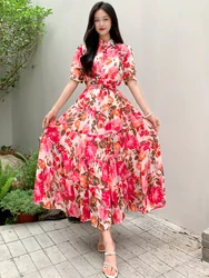 2024 New Summer Women Half High Collar Short Sleeve Belt Slim Long Dress Sweet Patchwork Big Hem Chiffon Floral Dress