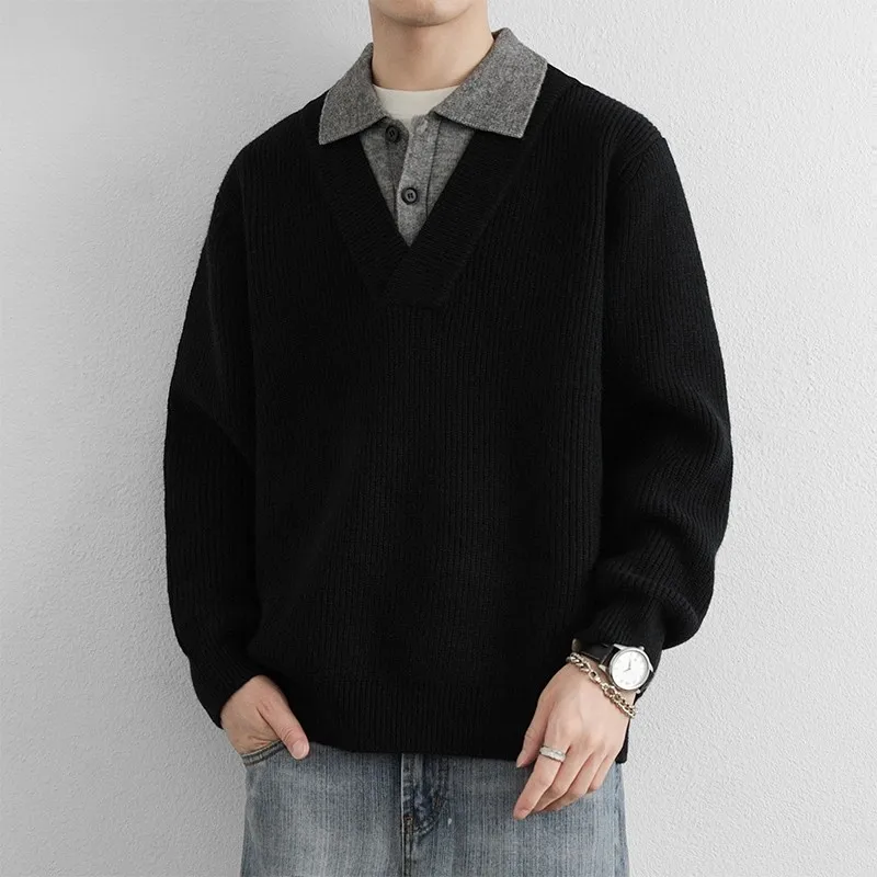

Thiened Collar Knitted Sweater Men's Autumn Winter Commute Color Blo Turn-down Collar Lazy Sle Base Layer Knitwear
