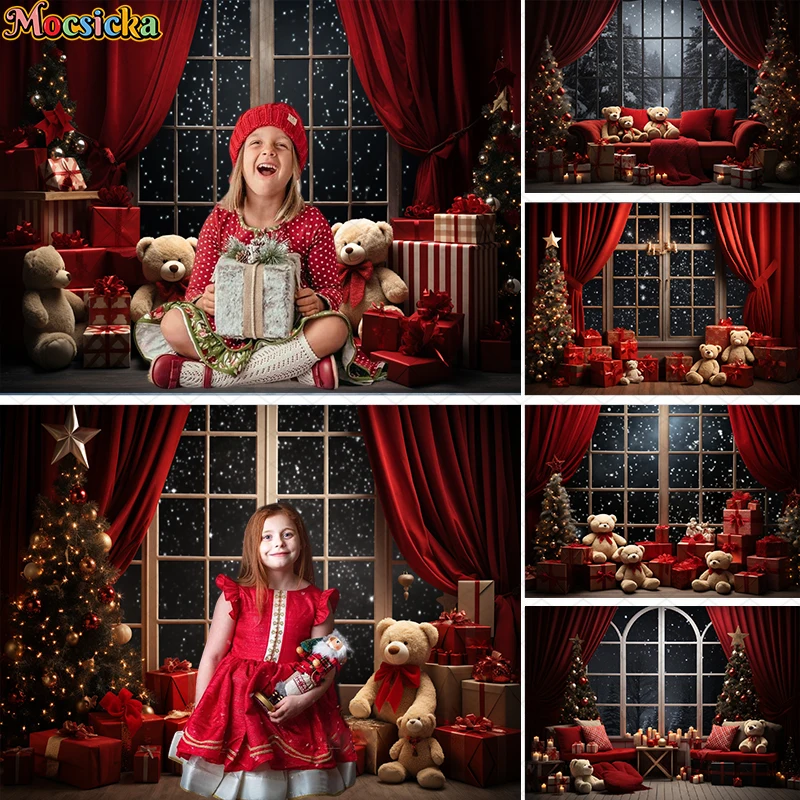 

Mocsicka Indoor Christmas Window Background For Kids Family Portrait Photography Xmas Tree Bear Toy Window Star Decor Props