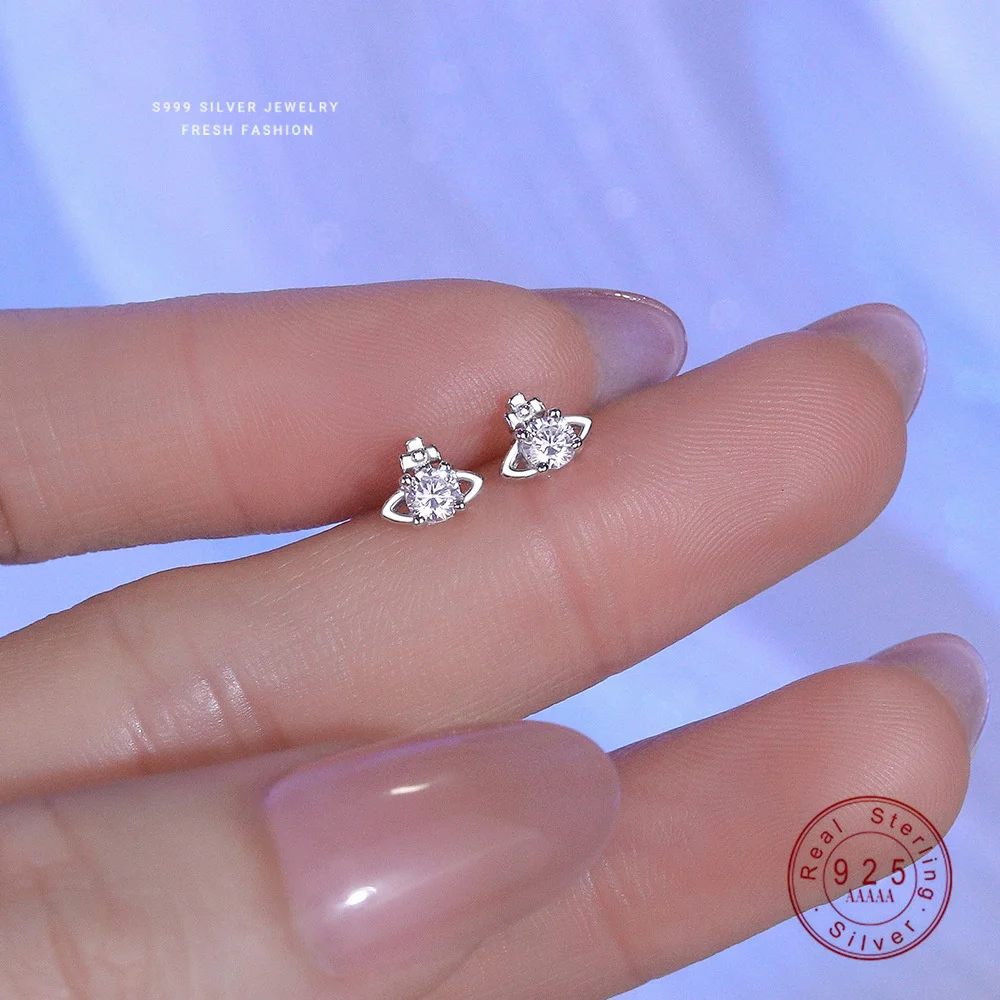 Squisiti orecchini pianeta in argento sterling 999 con zirconi lucidi per le donne Gioielli di lusso leggeri e squisiti