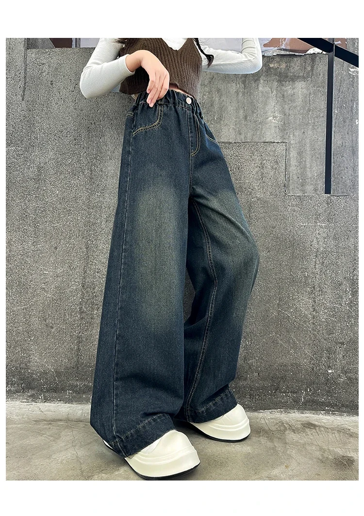 ZOETOPKID Kinder Mode High-Waist Weitbein-Jeans für junge Mädchen Streetwear Lose Denim-Hosen Kinder Dunkelblaue Jeans – Detail 6