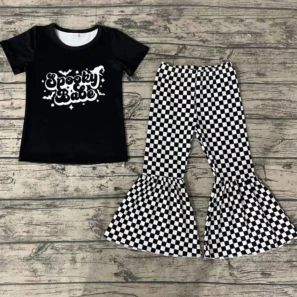 

Wholesale Baby Girl Halloween Spooky Babe Set Toddler Short Sleeves Shirt Checkered Bell Pants Kid Infant Children Fall Outfit