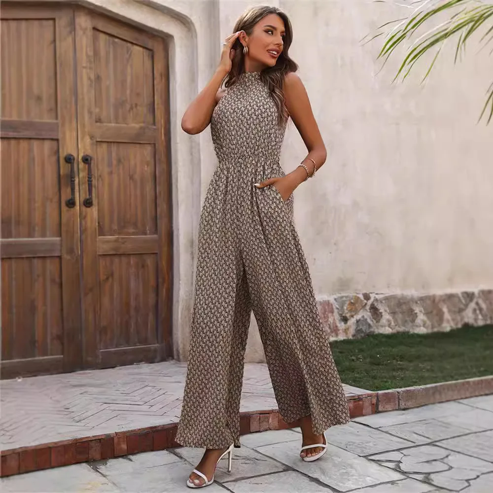 

Women's Clothing Elastic Waist High Collar Halter Neck Sleeveless Floral Wide Leg Casual Pants Jumpsuit Clothing Pants for Women