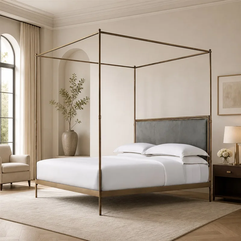 xx-French Style Modern Queen Size Metal Bed Frame with Stainless Iron Canopy and Fabric Panel for Hotel/School Use