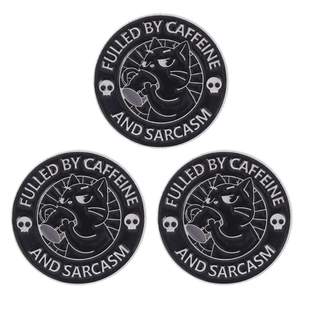 3 Pcs Caffeine Topped Up Sarcastic Black Cat Brooch Funny Emotional Expression Pin Text Clothes Backpacks Paperclips Accessories