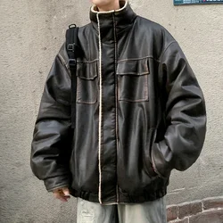 American Vintage Thicken Plus Velvet Pu Puffer Jacket Men Casual Warm Fleece Faux Leather Parkas Mens Winter Bubble Coats