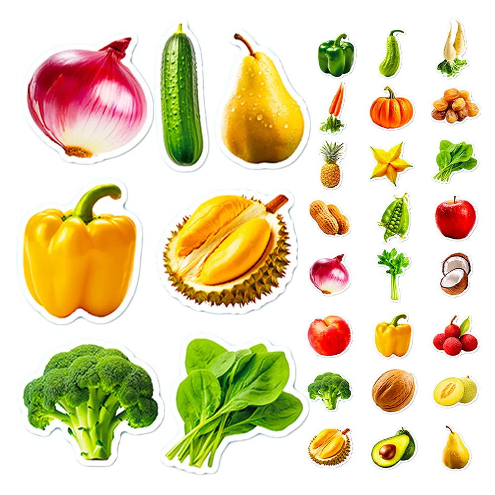 

50 Sheets Fruit Vegetable Stickers Kids Educational Fun Cognitive Motor Skills Development Peel Stick Decals for Fridge Bottles
