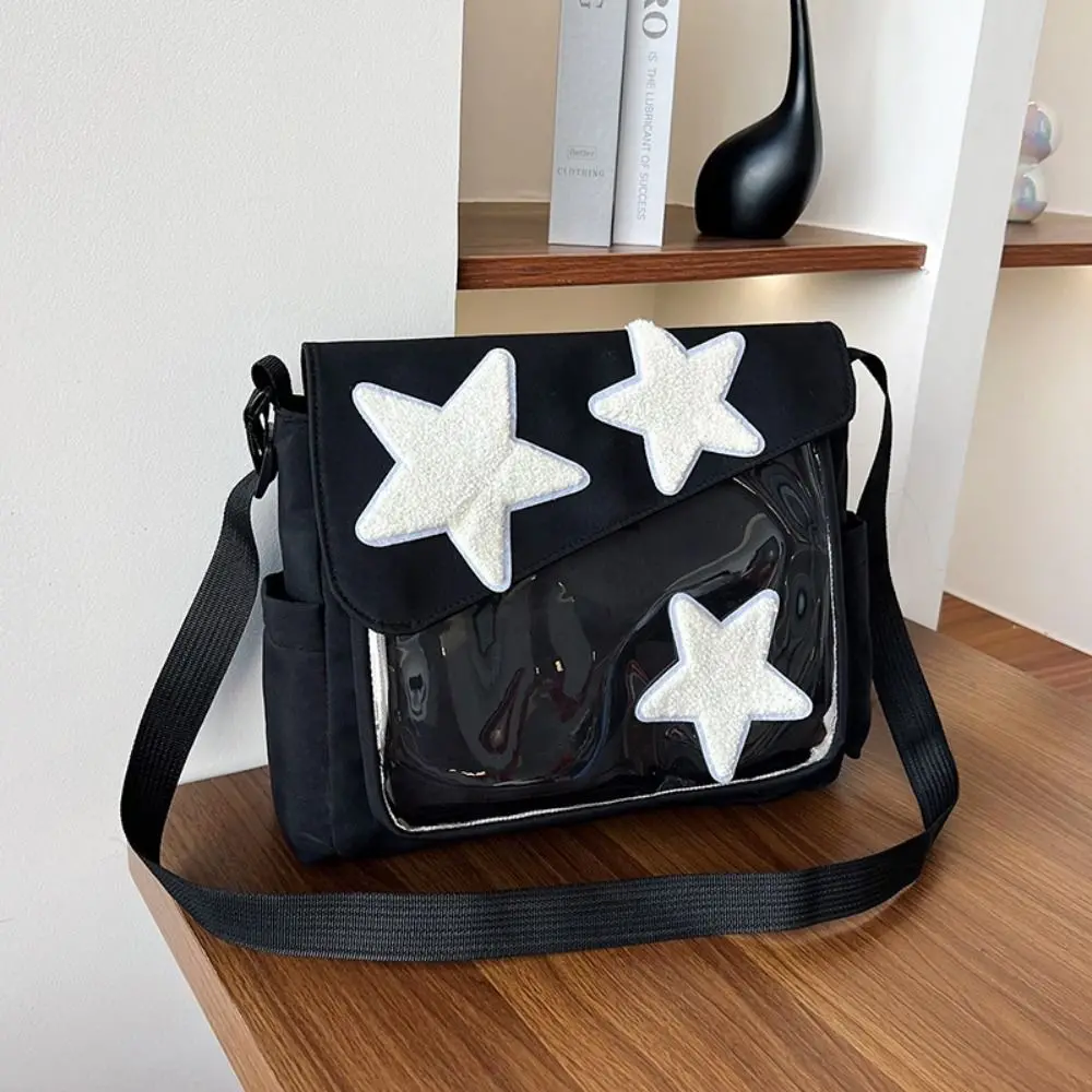 Simples Canvas Star Crossbody Bag, Zipper Pentagram Shoulder Bag, grande capacidade, estilo coreano, Nylon Student School Bag, ao ar livre, Y2k