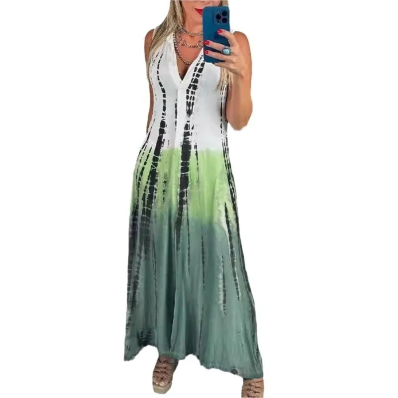Women Fashion Casual Contrast Color Print Dresses Sexy Deep V-neck Sleeveless Loose Pocket Long Dress Elegant Commuting Vestidos
