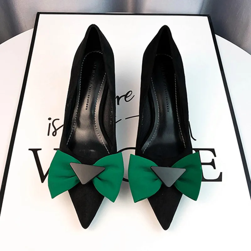 

Элегантные женские туфли-лодочки с узлом-бабочкой, женские туфли-лодочки с острым носком на тонком высоком каблуке, высококачественные женские лоферы из коровьей замши, офисная обувь