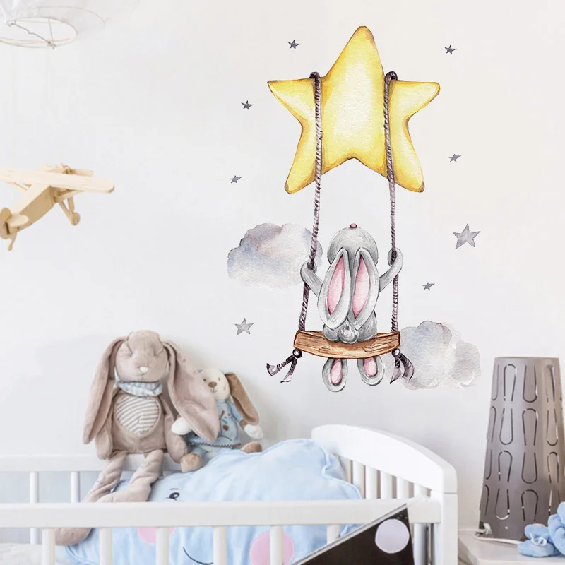 Bunny Rabbit Swing on the Stars Cloud Star Wall Stickers for Kids Room Baby Room Wall Decals Home Decor