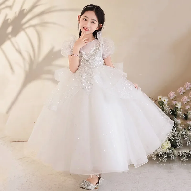 

Kid Wedding Dresses for Girls Elegant White Tulle Sequin Appliques Flower Princess Long Gown Girl Christmas Ceremony Vestidos