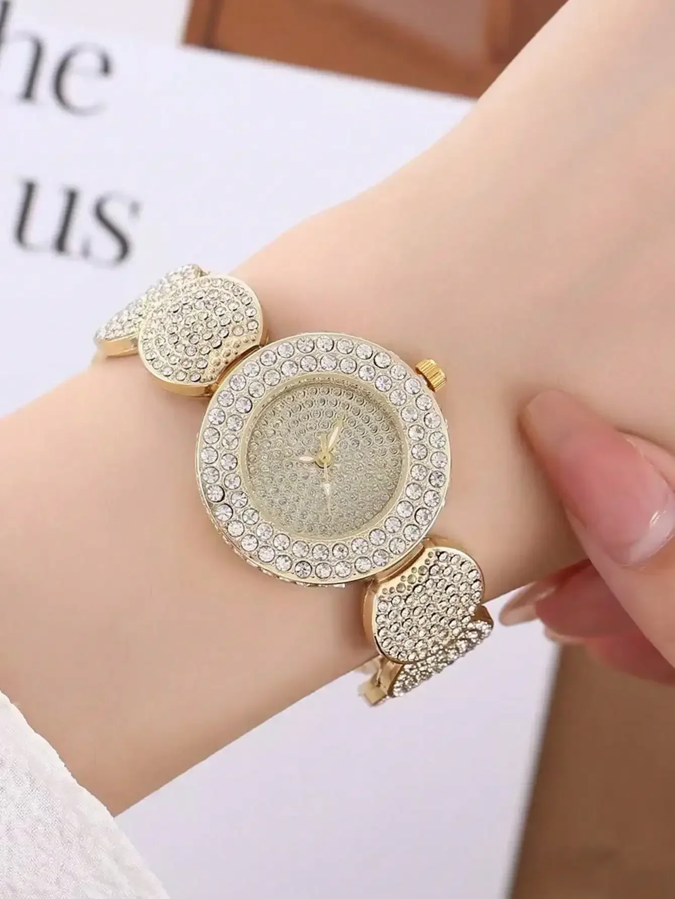 Full Rhinestone Round Watch 5Pcs Jewelry Set Quartz Wristwatch Square Diamond Necklace Earrings Ring